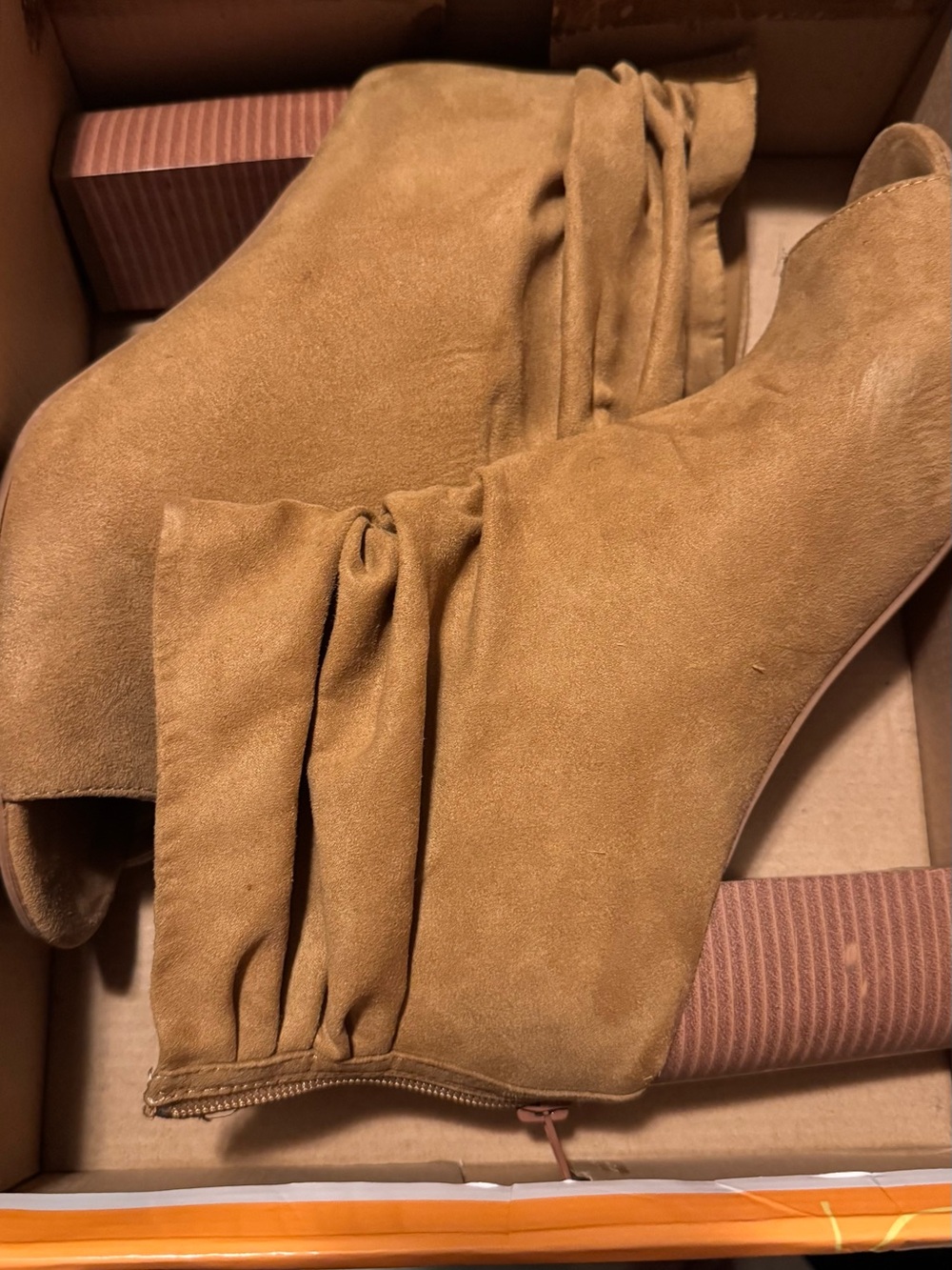 Tan Suede Ankle Booties Block Heel Wrap Tie Detail